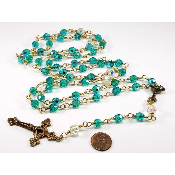 Handmade Five Decade Rosary, Unbreakable Rosary, Fire Polished Beads - Picture 4 of 10